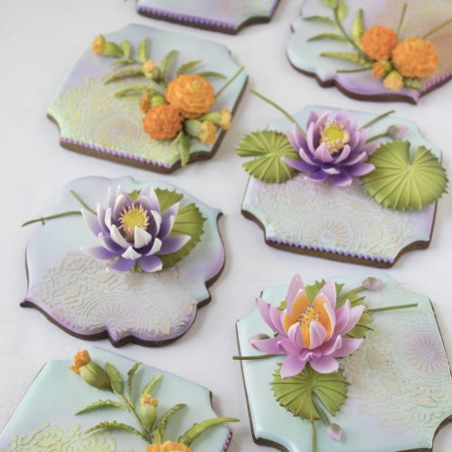 Lotus and Marigolds - Large Vertical Grouping 3 on White Paper - 2-D Cookies Gallery